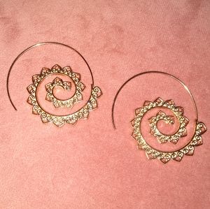 Gold Lace Spiral Filigree Statement Earrings Big Swirl Hoop Large Bohemian Hoops